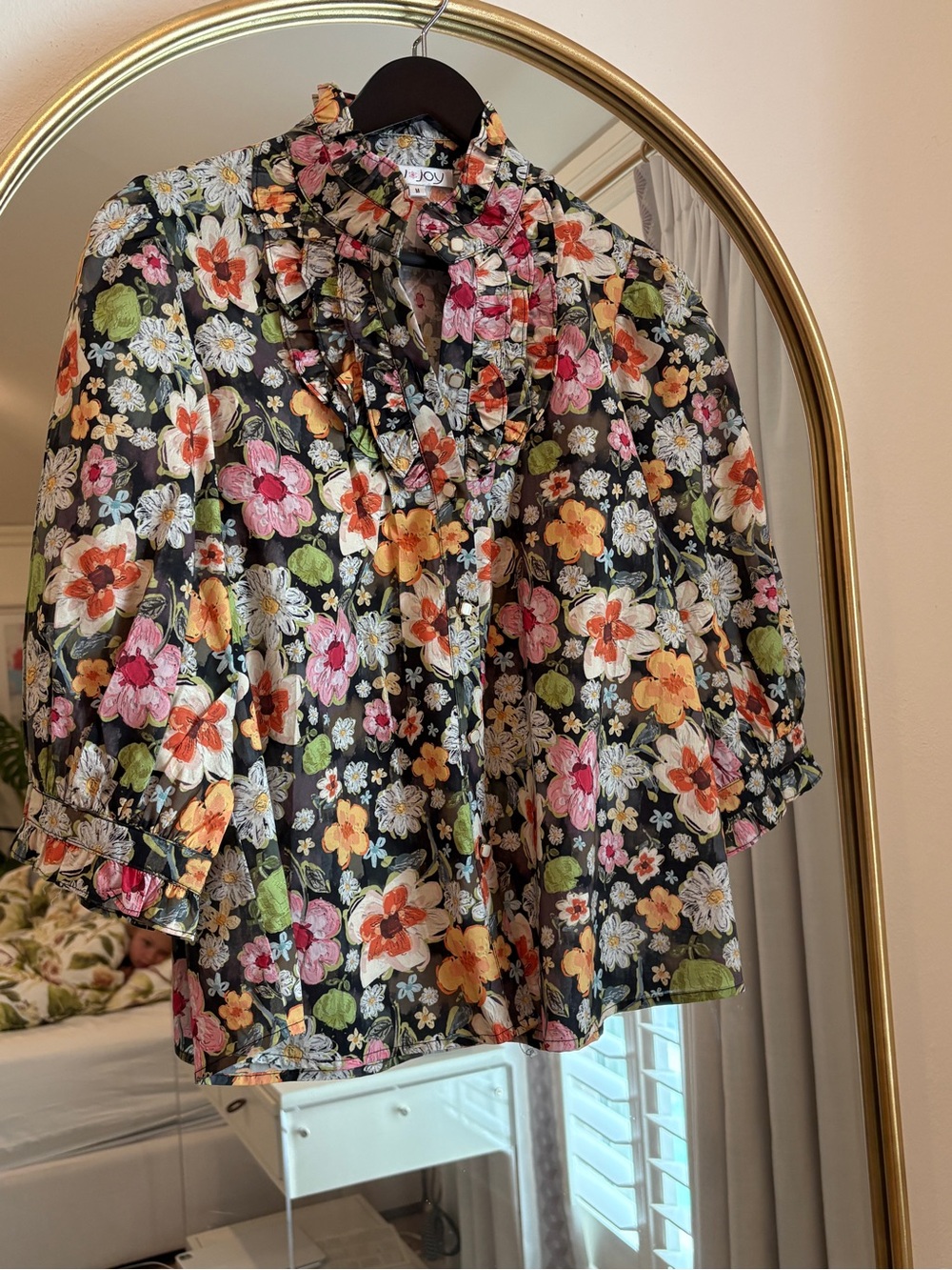 Joie Black Floral Ruffle Collar Button-Front Blouse